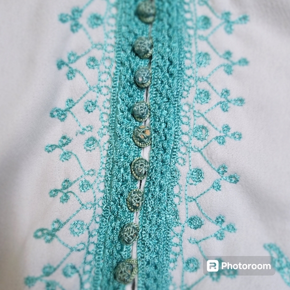 Vintage Moroccan Midi Dress Tunic Kaftan Hippie Teal Button embroidery Women OS - Picture 6 of 11